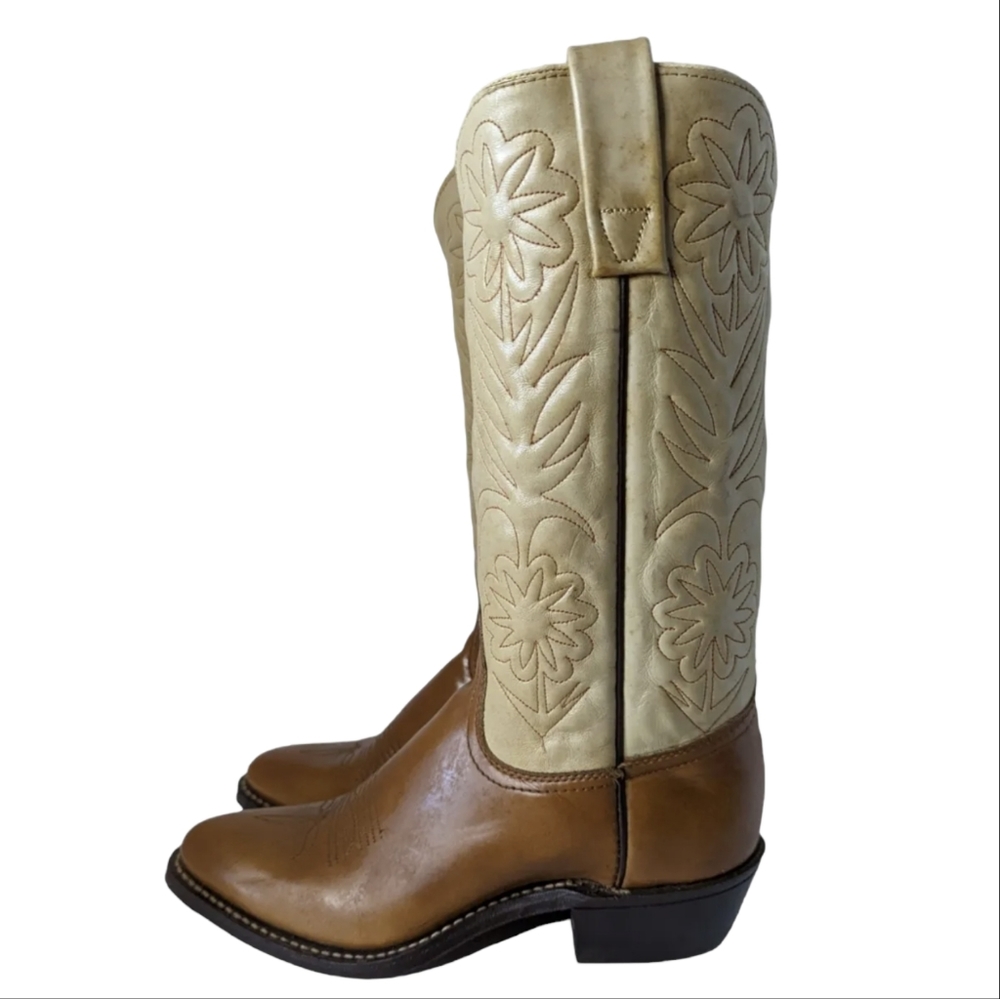 Vintage 70s Acme Cowboy Western Boots Brown & Tan Flower Stitched NEW Size 6